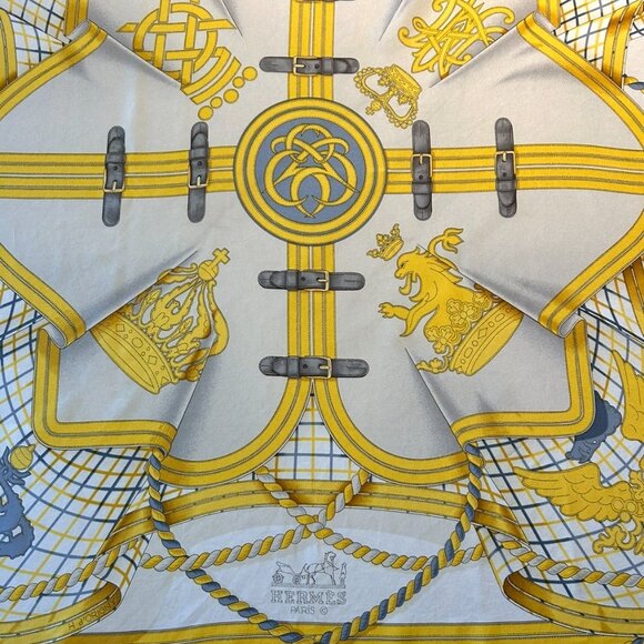 Vintage Hermes Grande Tenue Silk Scarf Blues and Golden Yellow - Picture 3 of 13